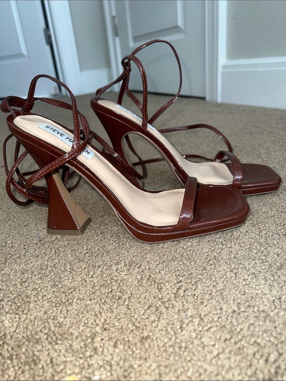 Steve Madden Brown Patent Lace-Up Square Toe Heels